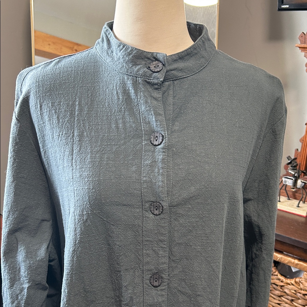Oversized Button Front Tunic Dress Olive Green Long Sleeve Minimalist Xl